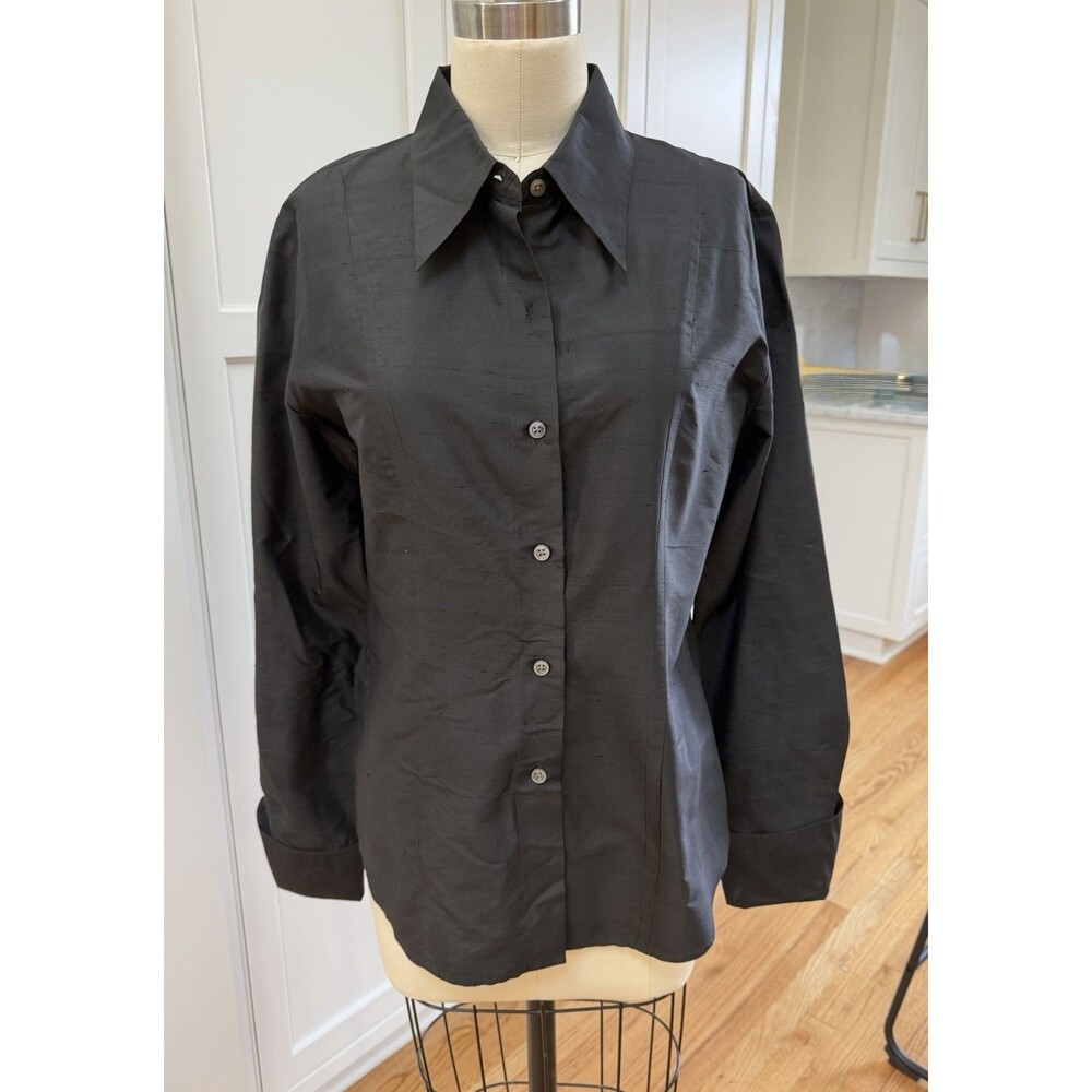 GAP Vintage Black  Silk Dupioni Top Shirt Blouse Dagger Collar French Cuffs Sz L